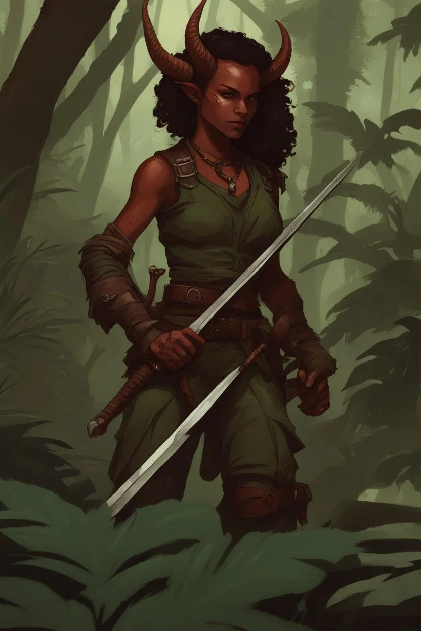 A DnD character. A female horned Tiefling ranger in a jungle. The Tiefling has a little dinosaur on her shoulder and a rapier in her hand.