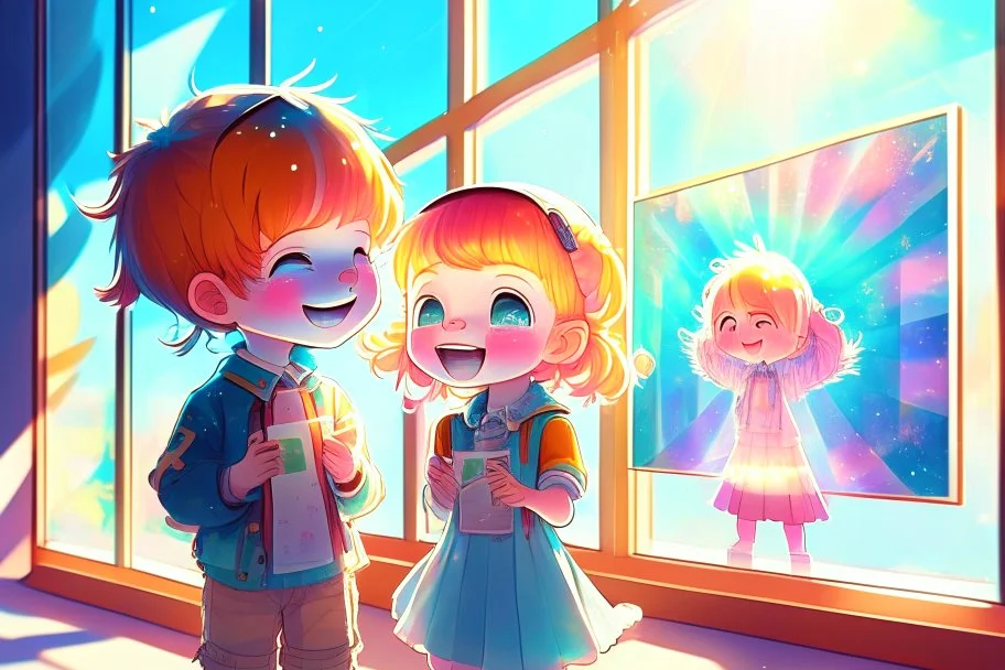 cute chibi holographic girl and boy looking at pictures happily at an exhibition room in sunshine