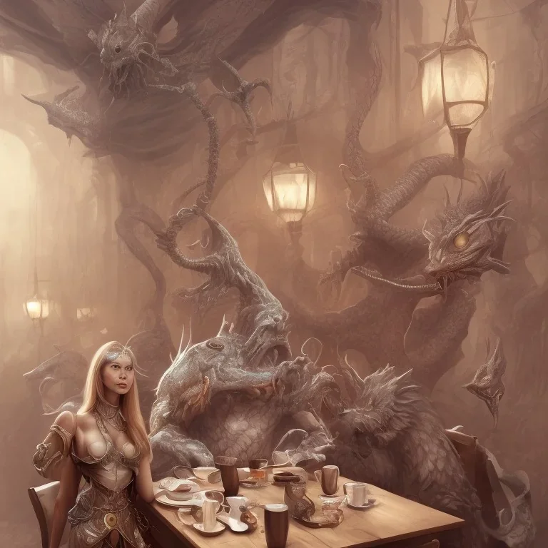 Mythical and legendary creatures sitting in a cafe drinking coffee, clear and complete body parts with accurate details, correct and complete body anatomy, complete and clear drawing parts, full HD drawing resolution, 4K, 8K, 16K,