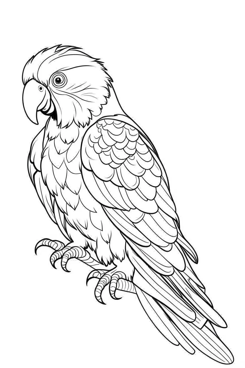 coloring page for kids, parrot , cartoon style, thick outline, low details, no shading, no color