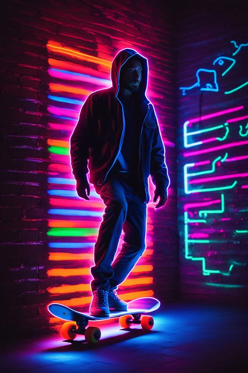 a neon photograph of a man on a skateboard, neon art, neon art style, neon digital art, colorful neon lighting, neon glow concept art, blacklight poster, fashion neon light, neon background lighting, neon electronic signs, neon graffiti, background with neon lighting, made of neon light, cyber neon lighting, neon dark lighting, neon lighting, splashes of neon