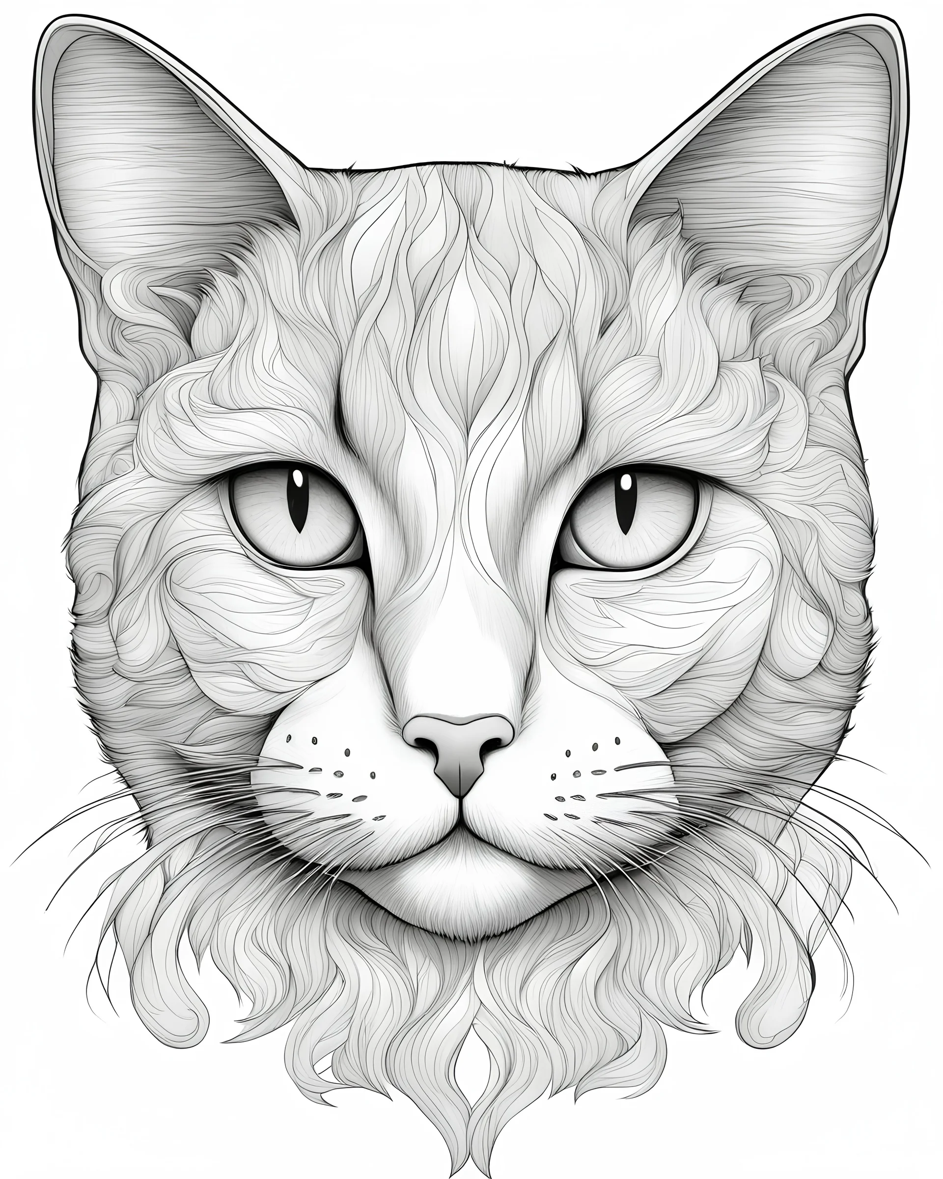 outline art for cat, coloring page for adults, white background, sketch style, only use outline, clean line art, white background, no shadows and clear and well outlined