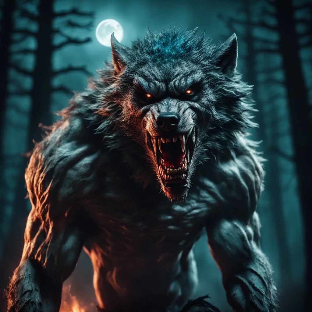 bloodthirsty angry savage werewolf howling at the moon, muscular body with shreaded cloths, large claws, sharp teeth, night forest with gloomy dark teal colors, fire sparkle particles, dark tone, sharp focus, high contrast, 8k resolution, shallow depth of field, dramatic lighting, beautifully intricate details, clean environment