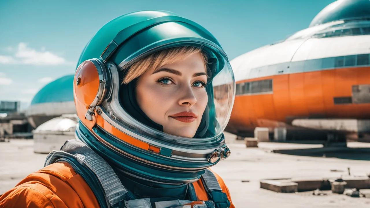 tangerine tango and ultramarine green color blocking, (sci-fi aesthetic:1.4), bright instagram LUT, shot of a (Danish 20 yo woman:1.2) retro-futuristic cosmonaut with a shy smile wearing a glass dome helmet and spacesuit with harness (with futuristic power plant in the background:1.2), skindentation, hourglass figure, waist cincher, on alien landscape with its surface covered in impact craters, valleys, plains and mountains, grey dust, a heavy rain storm, at sunrise, geometric gradients, sci-fi,