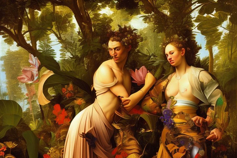 man and woman in colorful jungle by Caravaggio