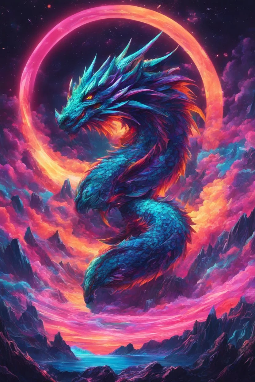 Dragon in a vibrant synthwave dreamscape, neon chaos swirling energetically around pixelated forms, a dynamic fusion of retro gaming nostalgia and futuristic abstraction