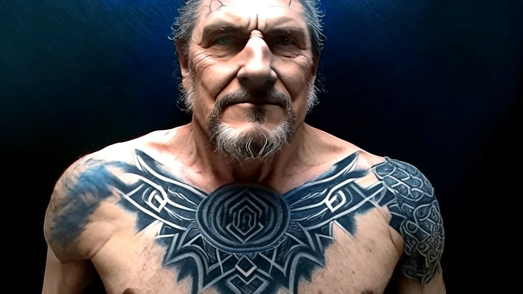 A stunning Celtic-style tattoo on chest :This old wolf carries deep marks from the past. Its coat is thick and charcoal grey. Its muscular body has weathered many battles, yet remains strong and resolute. Wisdom and experience emanate from behind its blue eyes.