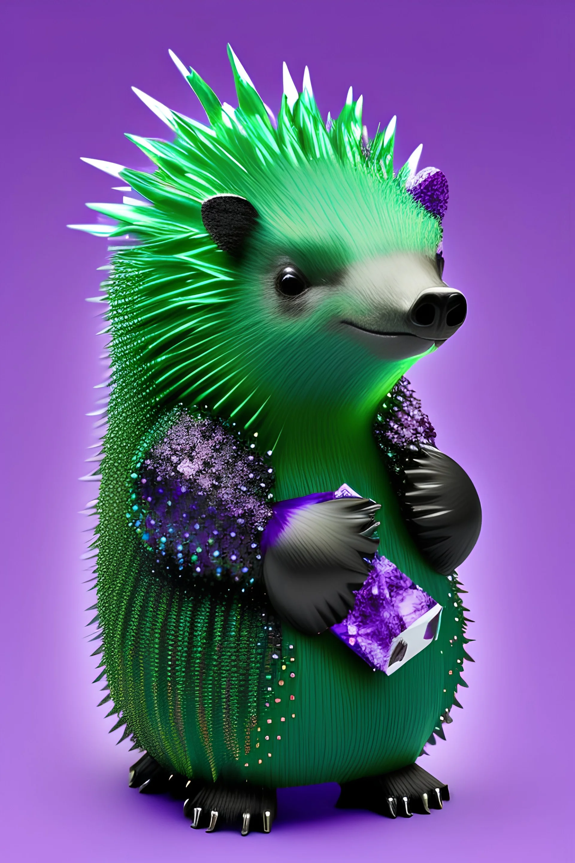 green Porcupine with purple crystals on his back