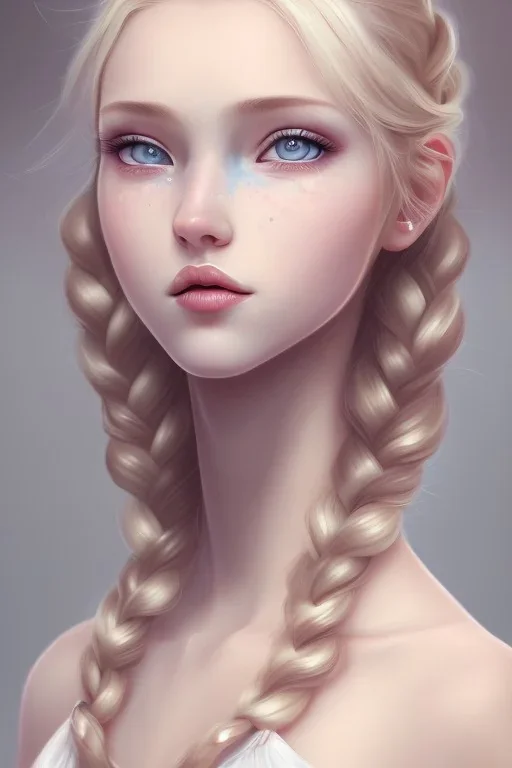 20 year old girl, cute, beautiful, blonde hair, one loose braid on left side, blue eyes, big eyes, pale skin, blue dress, ice dress, long eyelashes, pink lipstick, thin lips, small nose, semirealistic, 8k resolution concept art portrait