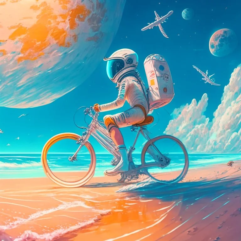 An astronaut riding a bicycle on the beach of a beautiful sea, digital art, anime style, 4k, full details, high resolution