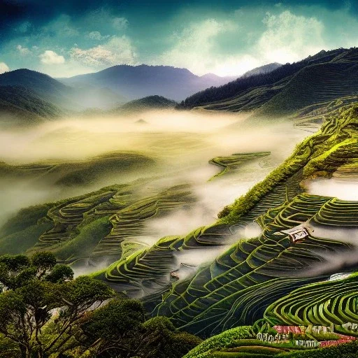 incredible, stunning japanese rice terrace with wood shanties, mountains in the distance, colorful morning sky and mist, 8k, high-quality, ultrafine-detail, intricate, detailed matte, digital painting, artwork, brian froud, howard lyon, Scott Gable, Wajima Ishikawa, Mu Cang Chai, Greg Rutowski