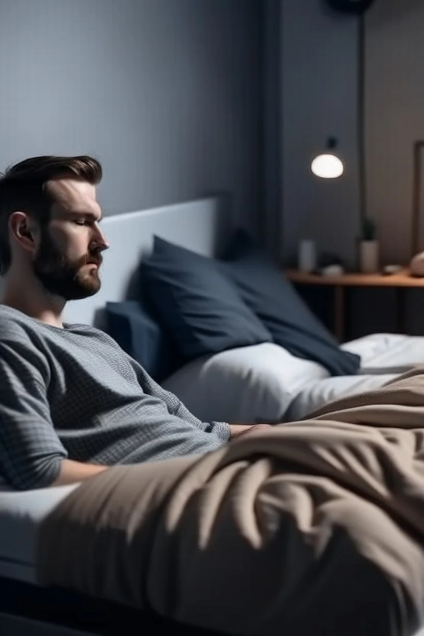 sitting next to a man, that is sleeping on a bed