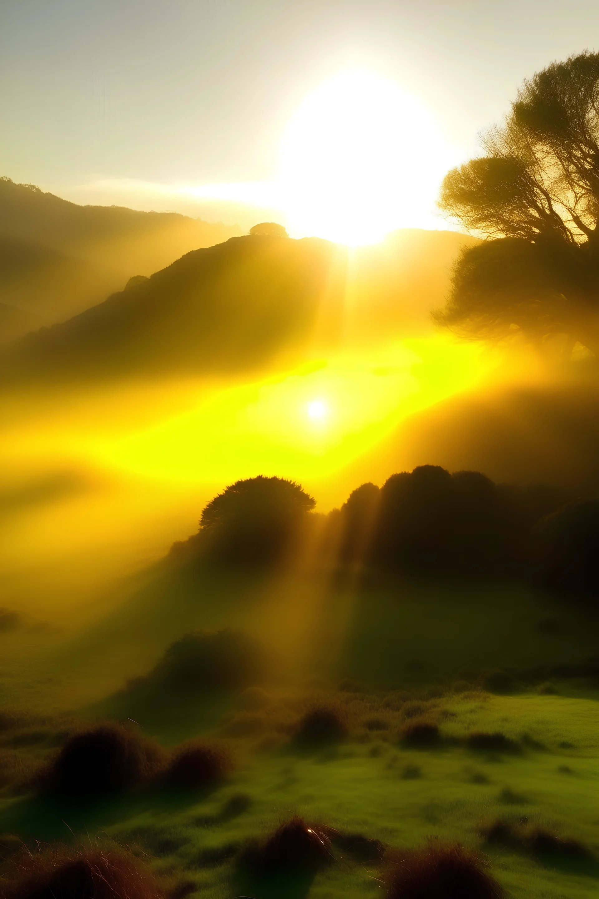 Hobbit Landschaft hell Nebel Sonne