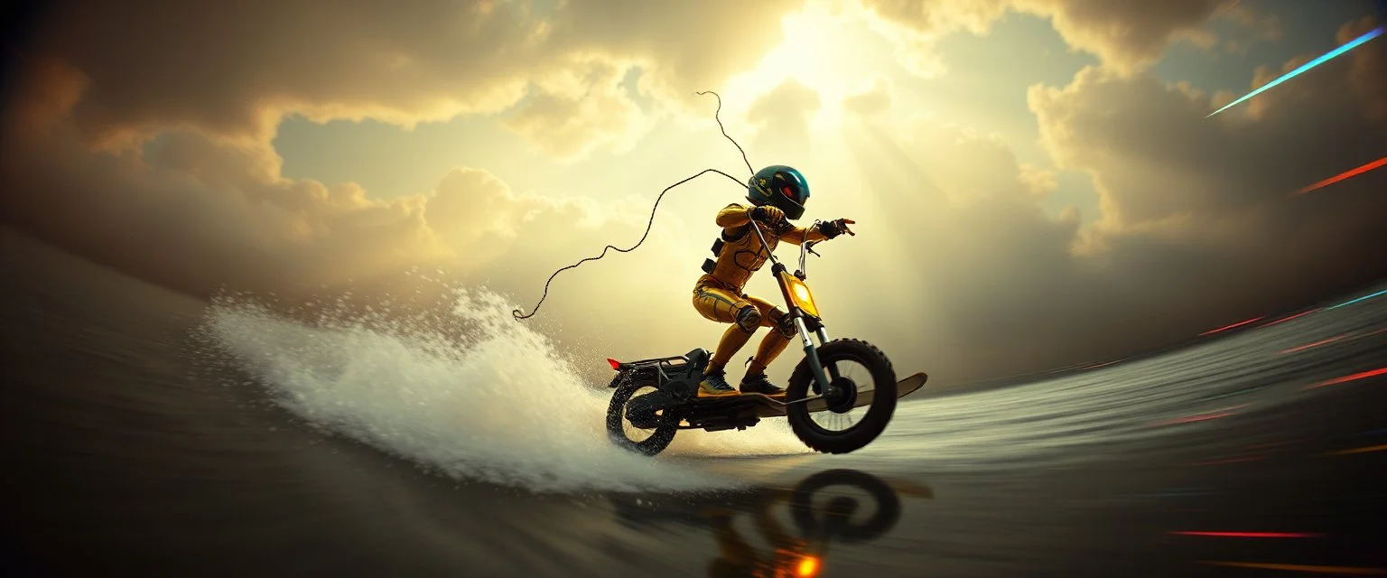 pin hole camera picture, master oil painting by Rembrandt, viggo sandvik as insane centipede wild ginger robot on surfboard boat snow scooter mega trike , goa trance glitch poster, background motion blur, volume fog with light rays, jesus clouds