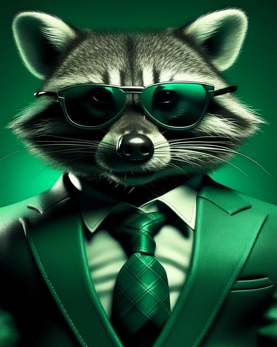 Wearing a suit, domineering, raccoon, wearing sunglasses, full of charm, texture, perfect details, jade texture