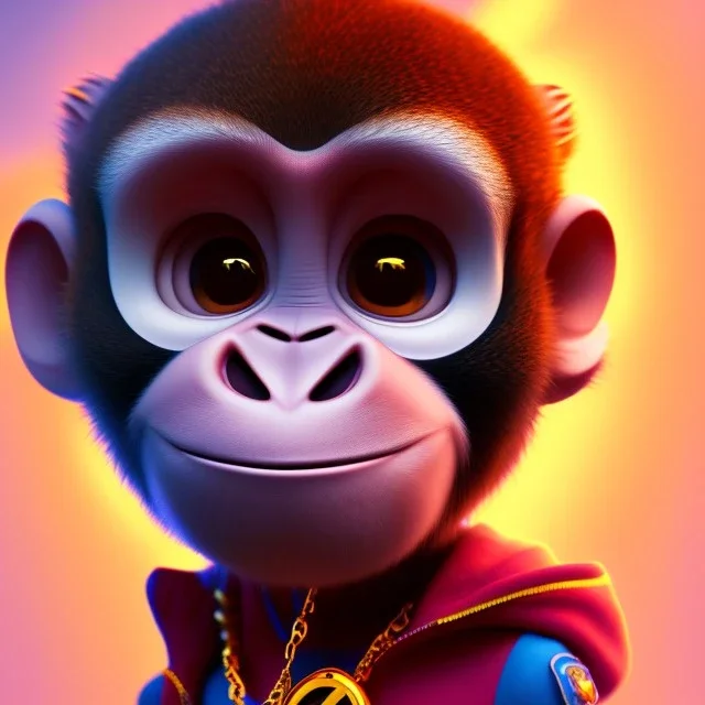 pixar style anamorphic cute monkey baby, smiling, gangsta gold neckless, full body, magenta puffer jacket, manila city backdrop, dramatic lighting, hyper-realistic, unreal engine 5, 16k. full detailed bitcoin