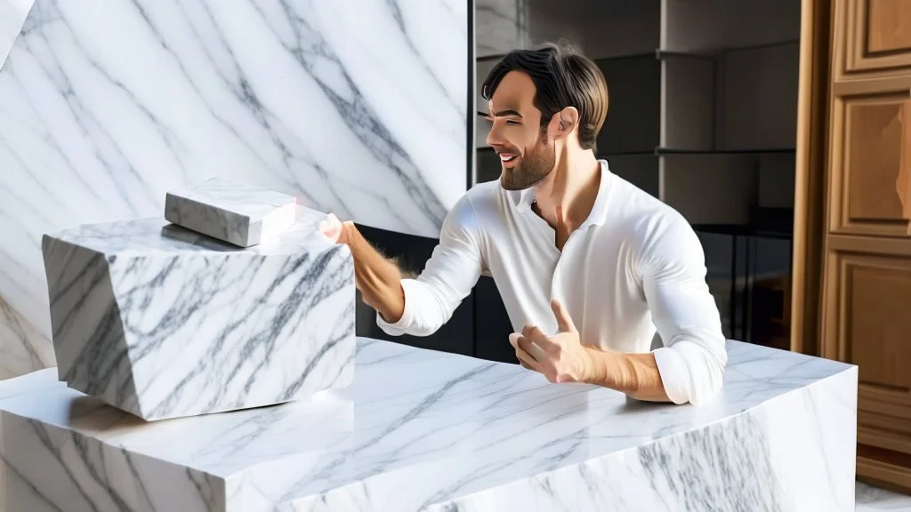 guy on phone at marble tabletop pointing at empty delivery box