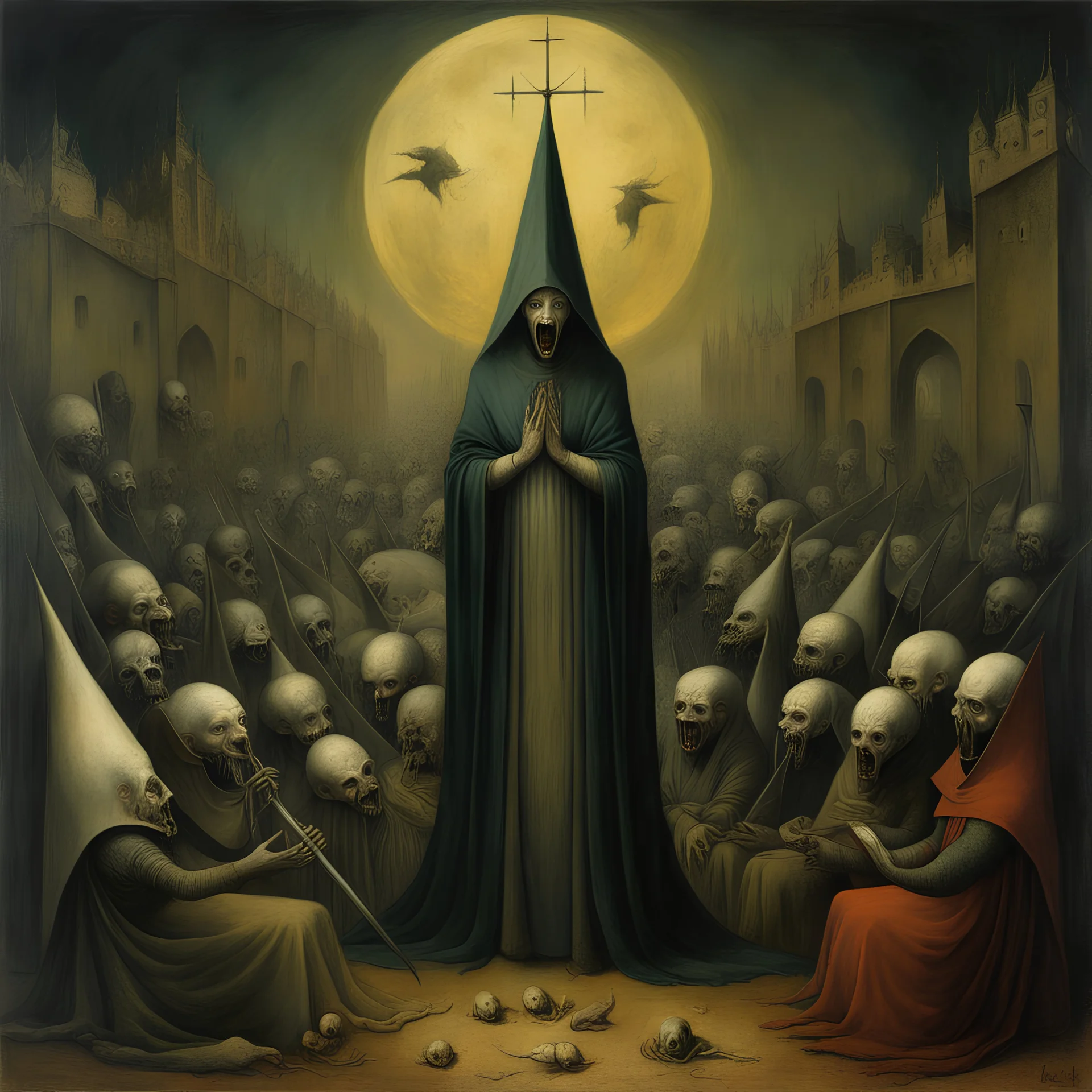 Hieronymus Bosch oil painting titled "Insatiable Zeal of Religious Zealots", plague of nightmare, by Gabriel Pacheco and Zdzislaw Beksinski, creepy, eerie, imperial colors, dynamic diagonal composition, sinister atmosphere, opulent shadows, creepy, weird, oil matte painting, by Goya