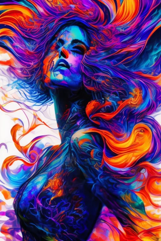 Generate a captivating digital artwork where a vivid explosion of images on a canvas bursts forth, weaving together elements of a woman, demons, tattoos, flowers, and stormy hues. Capture the essence of dynamic creativity in this abstract masterpiece."