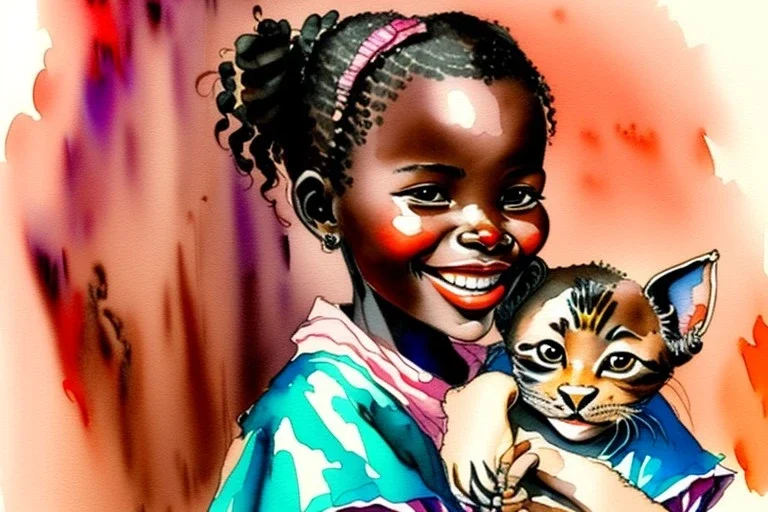A cute smiling African girl is holding a kitten. Watercolour