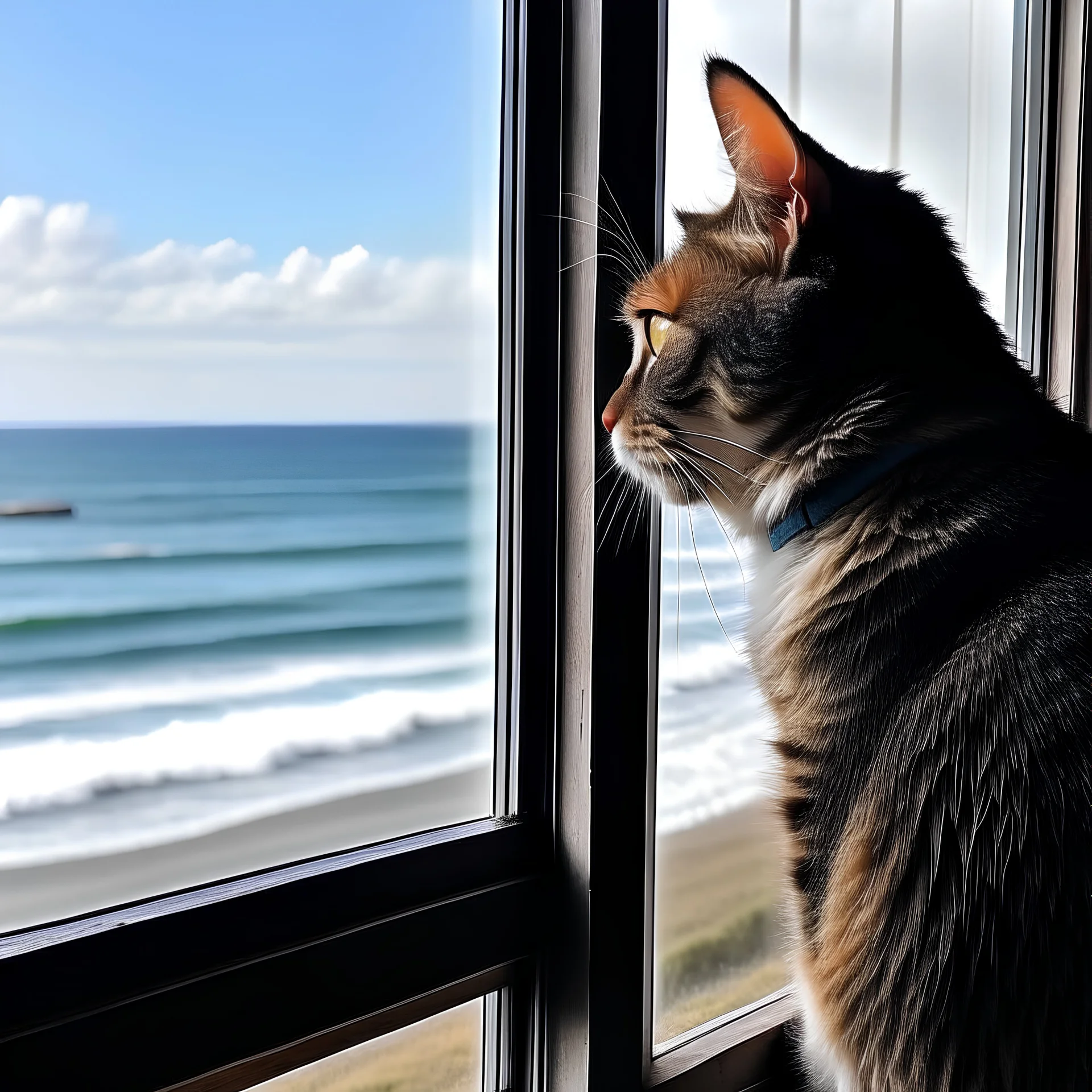 a cat looking out a window looking onto the ocean