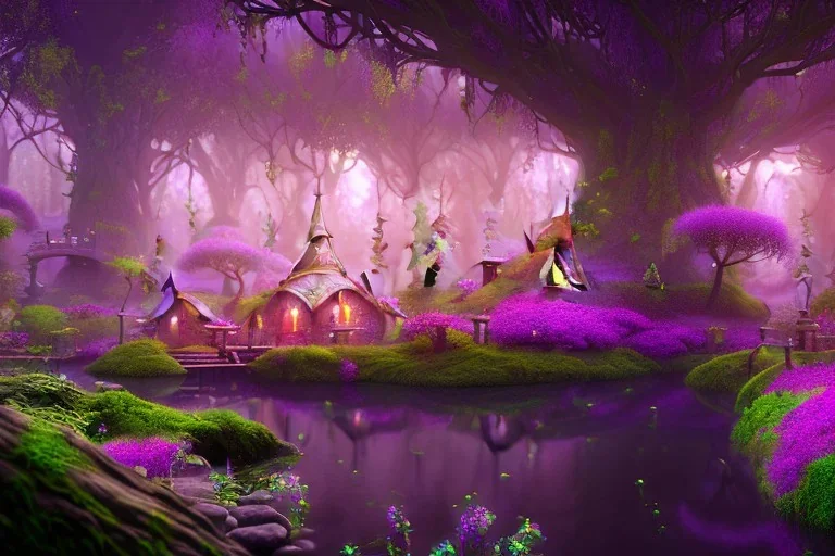 Immersive​ fantasy elven coffee shop in the deep forest green tree pink purple flower blossom river 4k full hd