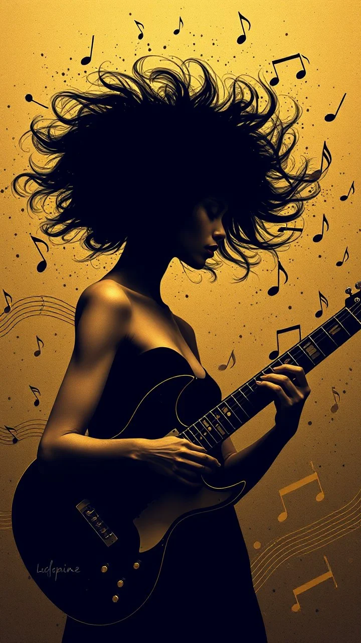 minimalism,Abstract black and gold minimalism geometric zoomed surreal beautiful fashion portrait playing the guitar ,splash art explosion,minimalist surreal surrounding music notes background,surreal lonely depth,deep soul spirit,fantasy surreal geometry,flat,utopia,album art,cover art,album cover,cinematic,8k,epic movie still,sharp focus,by Gustav Klimt,pascal blanche,rutkowski,repin,artstation hyperrealism painting concept art of detailed character,design matte painting,leaf,