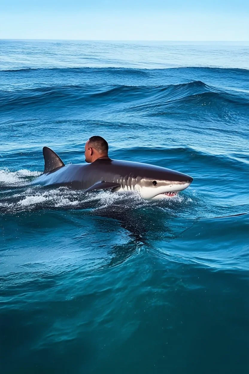 A (((a man in the ocean on a sinking boat))) is in awe of a (((great white shark))), whose form is so distinctively pointed out by the man, with its sleek contours and powerful silhouette drawing attention in the serene (((ocean waters)))