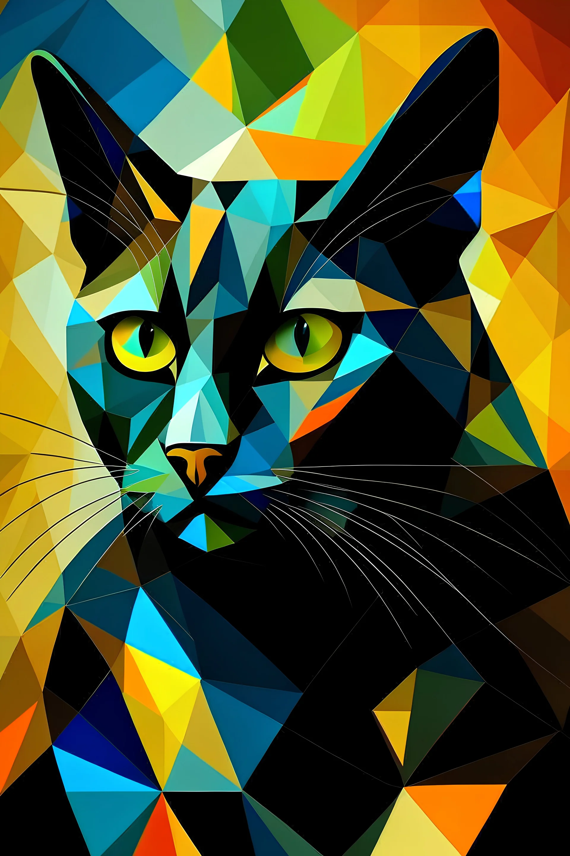 "gato negro mirando al frente cubismo" geometrizado con fondo de color