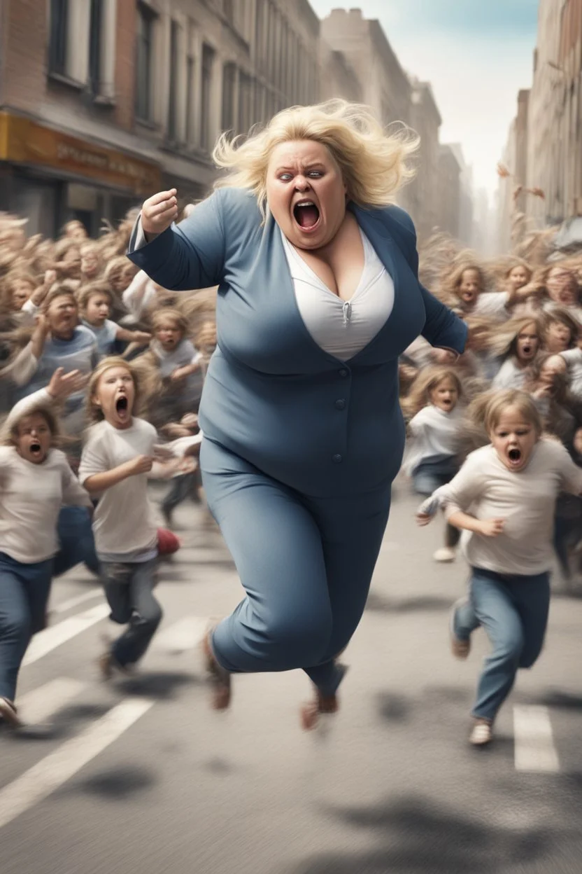 an obese terrified blonde woman crying and sobbing in a pant suit desperately running away from an angry mob of thousands of kids chase her down a city street throwing books at her