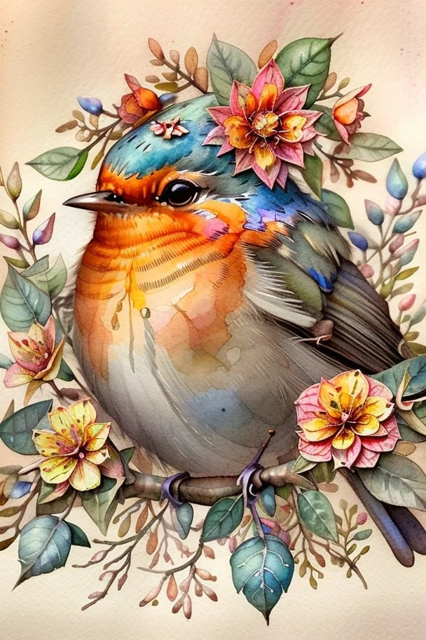 This enchanting, extremely detailed watercolor features a 3/4 closeup portrait of a vibrant Robin, adorned with flowers and a foliage crown, setting on a branch against a heavily textured beige background. nature and whimsy in a botanical style. The piece boasts warm orange and cool blue hues. .