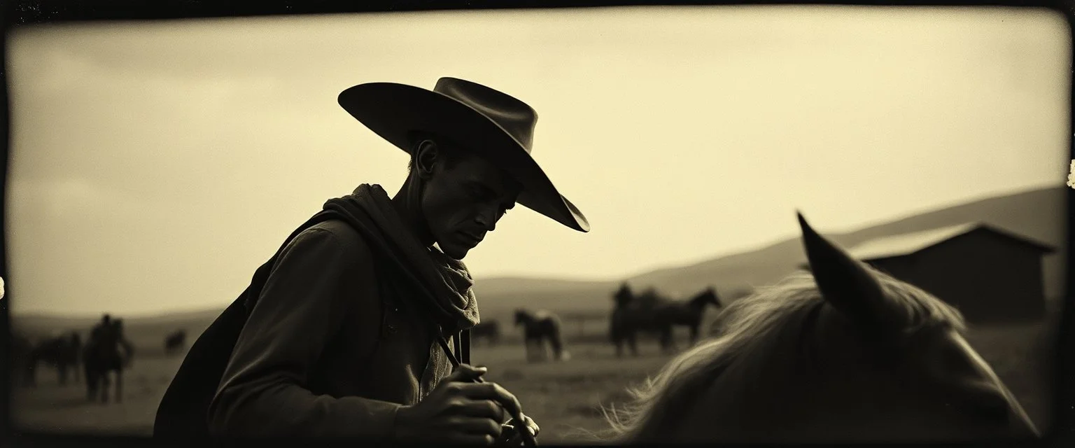 STYLE: gritty 19th-century gothic photography, Zdzisław Beksiński surrealism, Caravaggio chiaroscuro, tactile analog grain, pinhole-camera softness, heavy vignetting, scratched emulsion, rugged irregular photo border. SCENE: alien cowboy, completely absorbed in the mundane task.