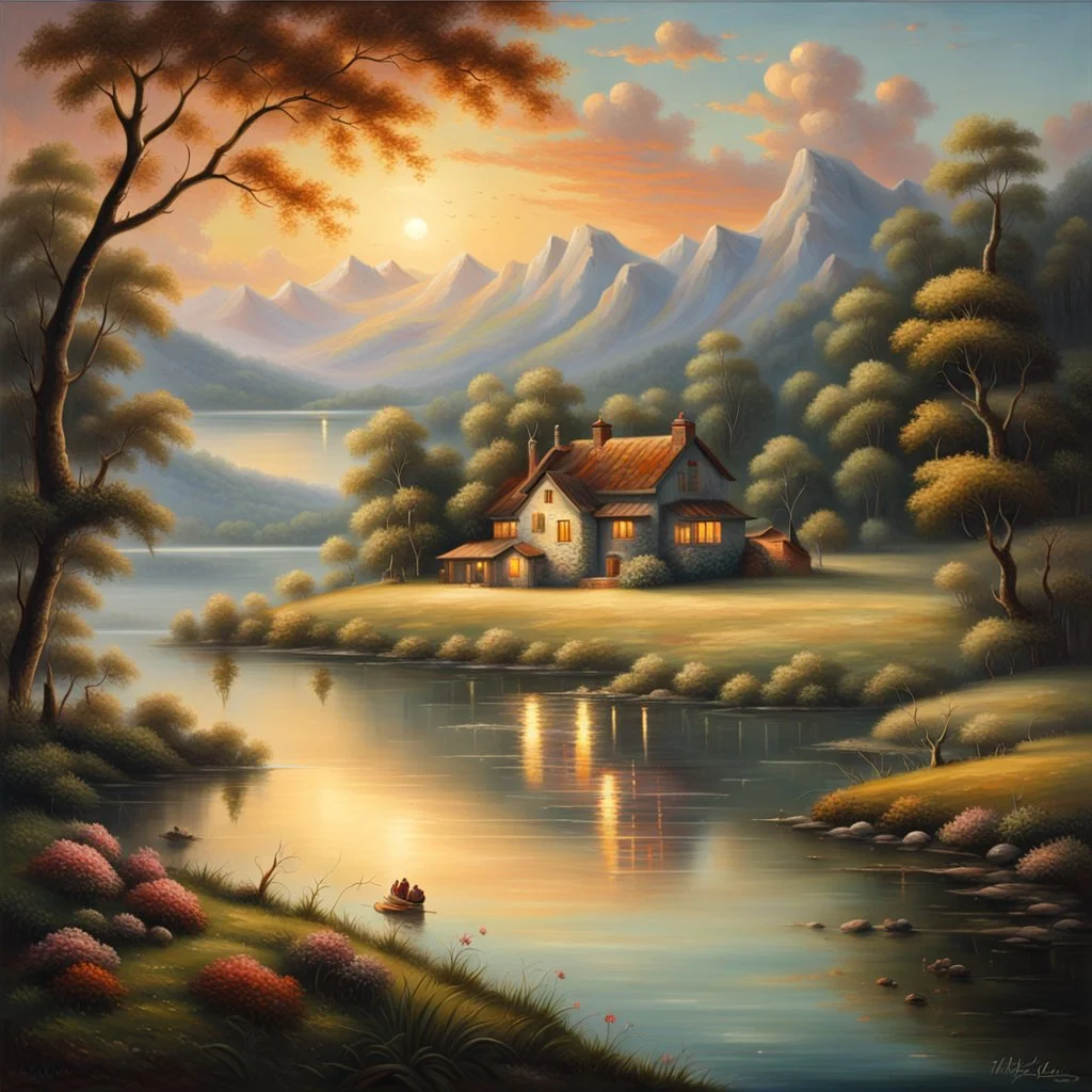 An exquisite oil painting capturing a dreamlike paradise, with a charming little farmhouse nestled by a calm lake. The farmhouse, with its rustic appeal, contrasts against the serene water, surrounded by a lush, verdant forest and rolling hills. The background unfolds into a dramatic landscape, featuring towering mountains and a stunning sunset sky that casts warm, vibrant hues across the scene. The artist's mastery is evident in the seamless blend of traditional oil painting techniques with the