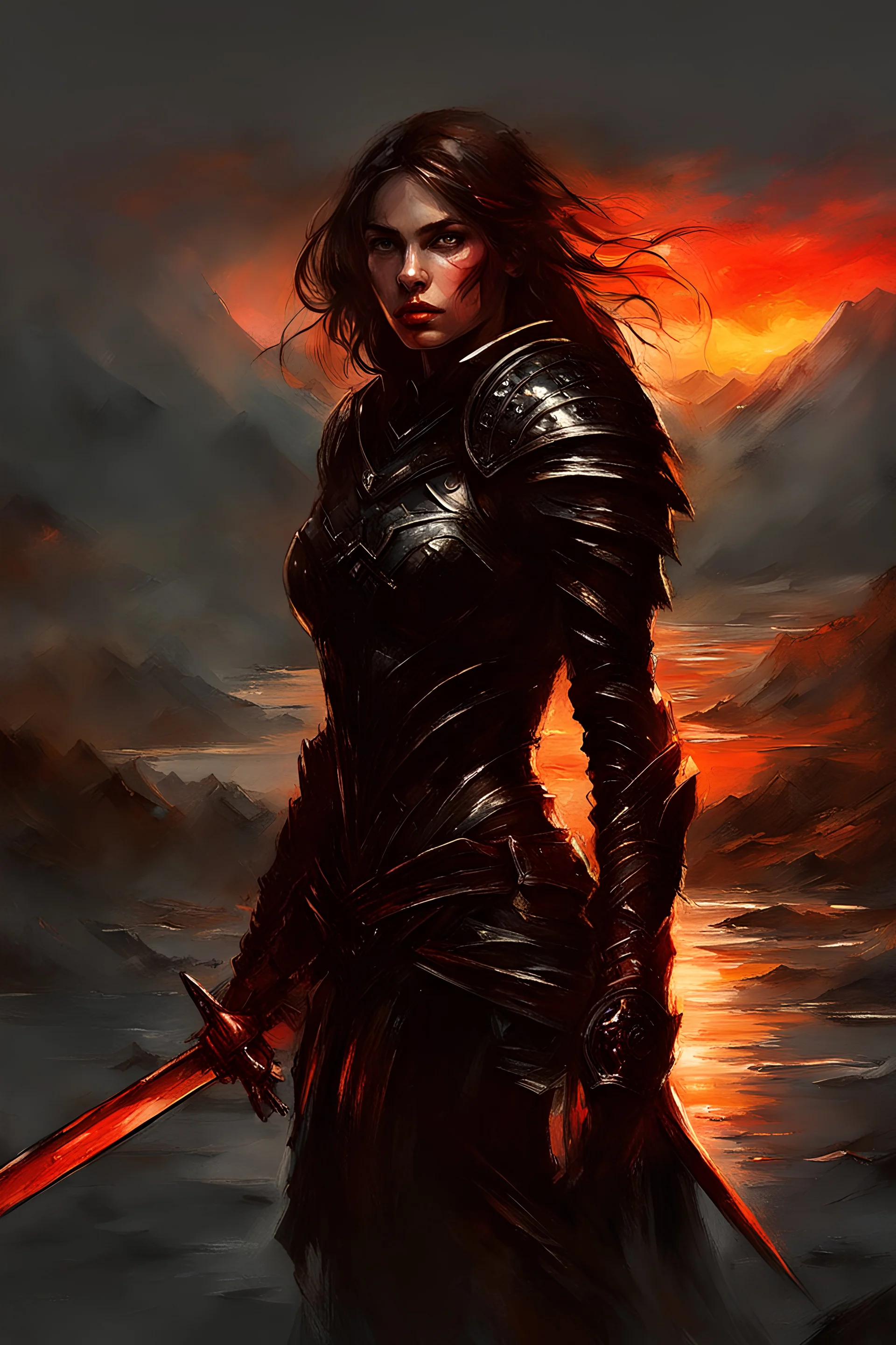 A formidable warrior girl in black armor, on the background Amazing gloomy landscape, flooded with sunset, mountains, trees, fabulous scary hero, , juicy emotions, painting, dark fantasy, bad weather, gloomy day, dark world, by Raymond Swanland & Alyssa Monks & Anna Razumovskaya