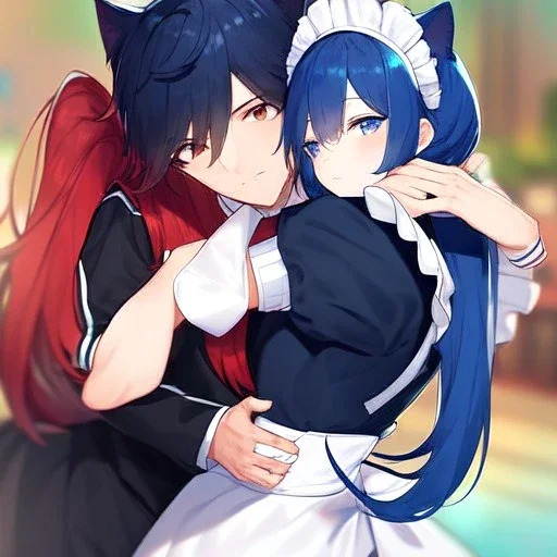 Clear Focus, High resolution, wearing a maid uniform, fluffy hair and a long ponytail, blue hair, cat ears, meowing, hugging another girl with red long fluffy hair also wearing a maid outfit, looking at you