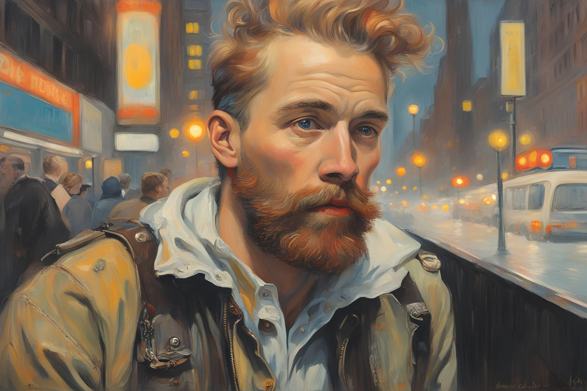 Norman Rockwell oil painting a dreaming young beard colored punk guy in NY metro pop '80s lights oil painting art