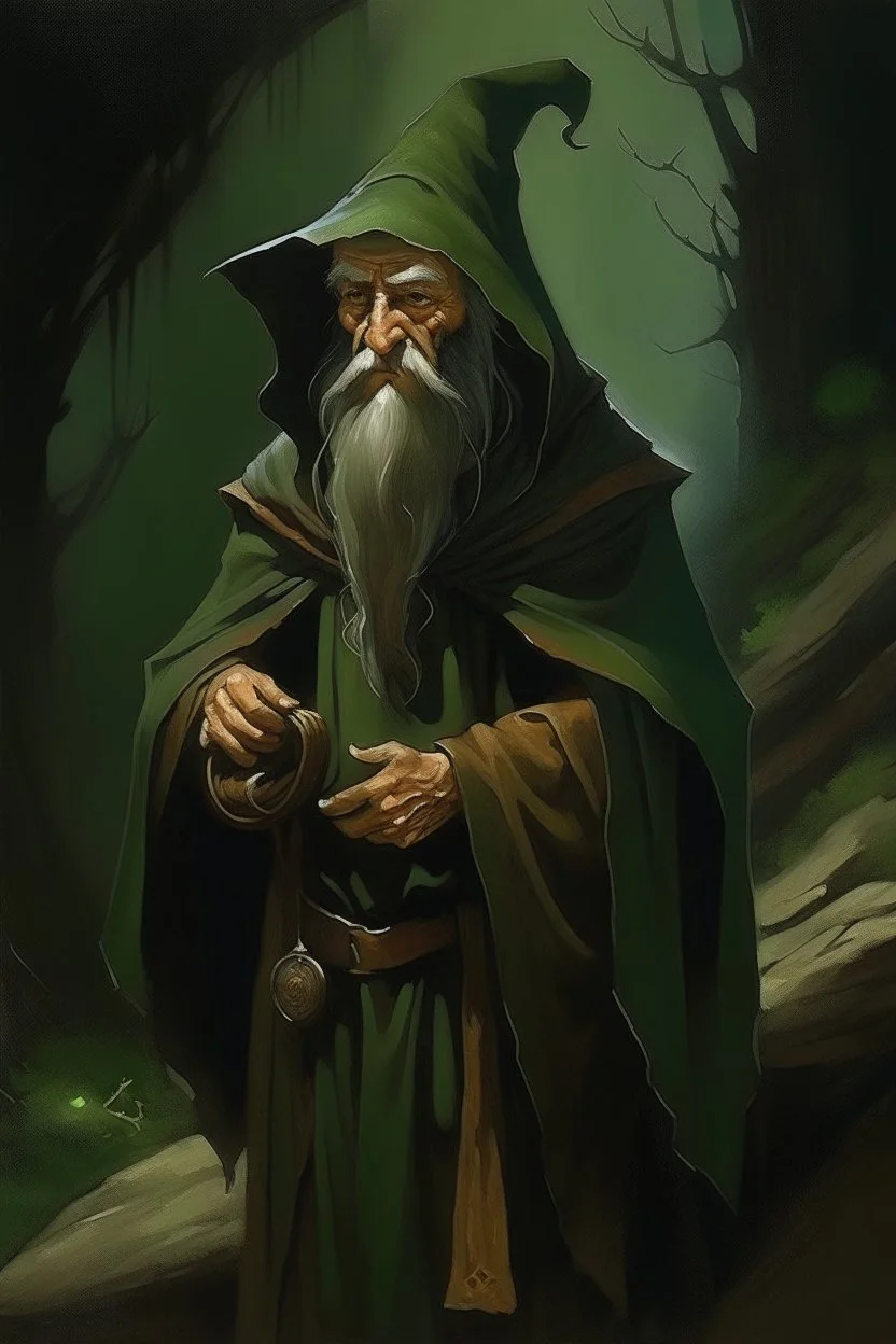 1970's dark fantasy cover dnd style oil painting of an old herbalist hobo like hero using a dark green and brown cloack with sport outfits with minimalist far perspective.