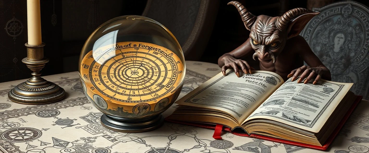 map of labyrinth contained in a glass ball with elemental sigils and symbols on a table beside a book called Riddles of a Forgotten Age with weird illustrations, being read by an imp