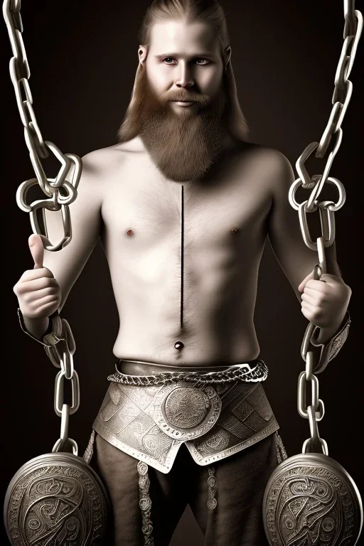 Viking BDSM style, 8K, a Highly detailed portrait of a man holding a submissive woman in a chain, white suit, beard, and short hair