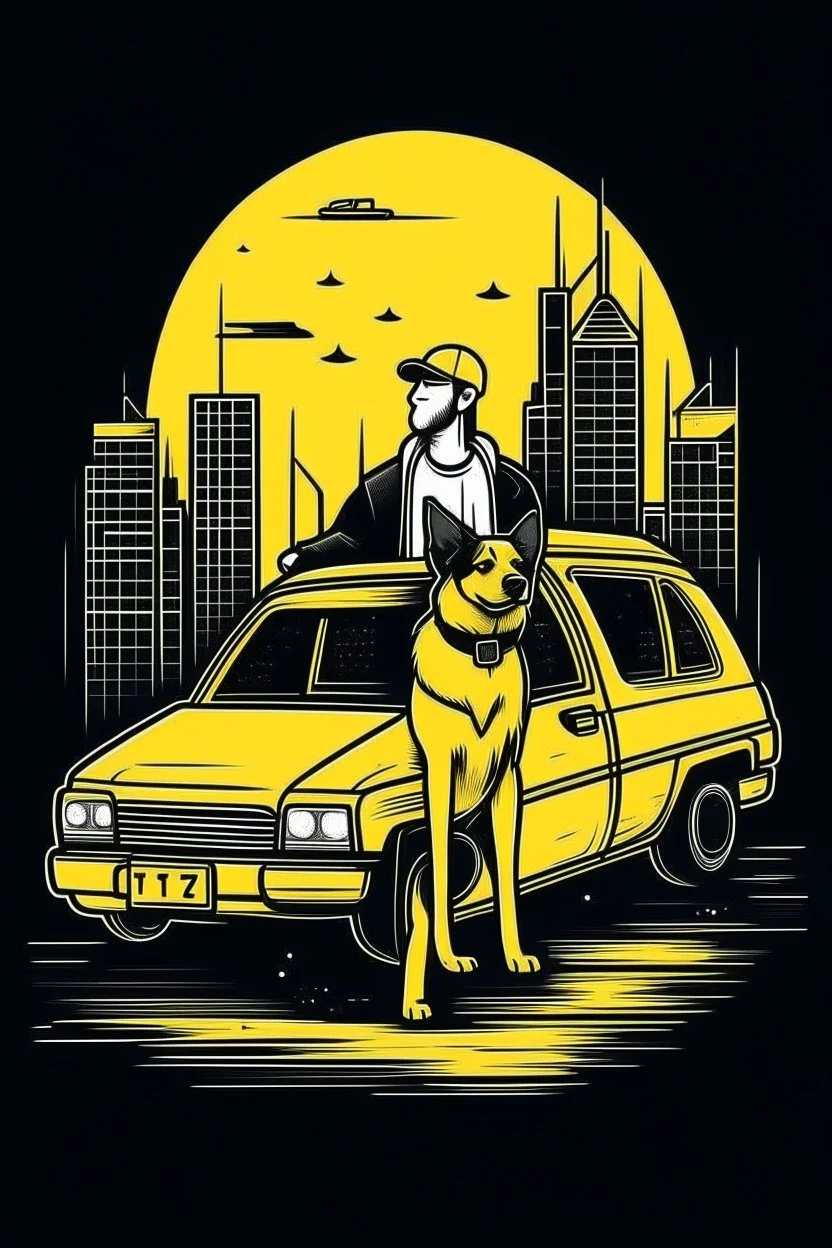 A ilustration of TAXI AND DOG , middle ground design, t-shirt design, no black ground, vector, 4k