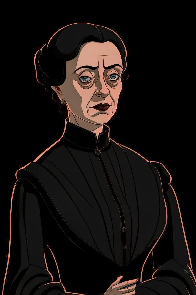 A portrait of a 40-year old british aristocrat woman from XV century in strict dark clothes, authoritative, cold, emotionless, in the style of Genndy Tartakovsky's cartoons