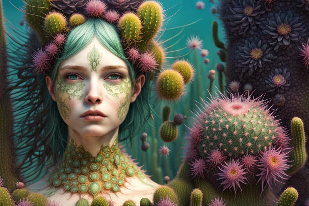 hypercomplex cactus sylph, symmetrical face, detailed face features, sharp eyes, soft skin, by Daniel Merriam, by Albrecht Altdorfer, surreal, abstract Modifiers: fantasy intricate very attractive beautiful Unreal Engine hdr cinematic postprocessing pencil sketch black ink Craig Rutkowski