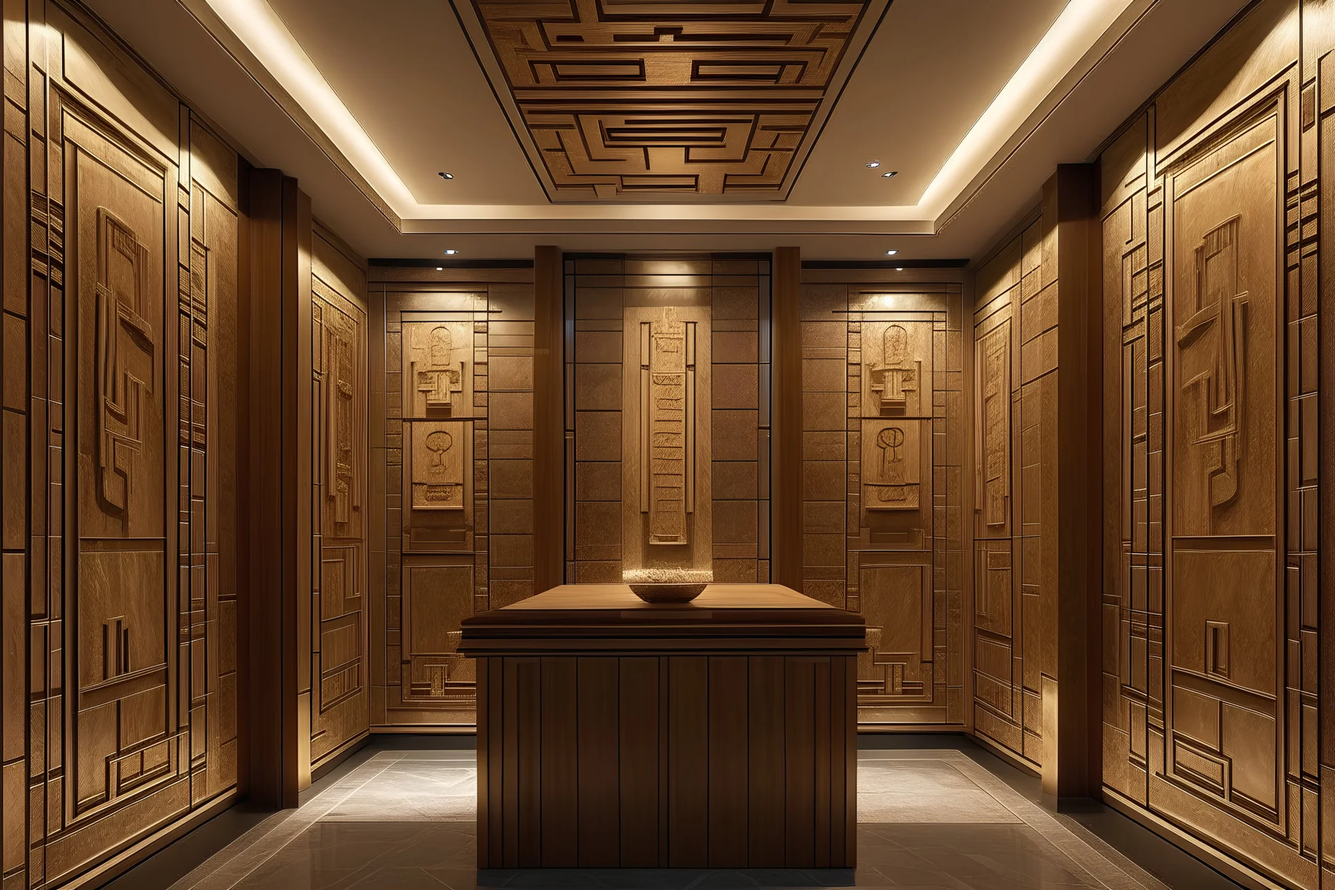 A three-dimensional meeting room divided into three walls with wooden panels engraved with Pharaonic hieroglyphics, with hidden lighting inside the wooden paneمs, alternating with marble panels cladding.