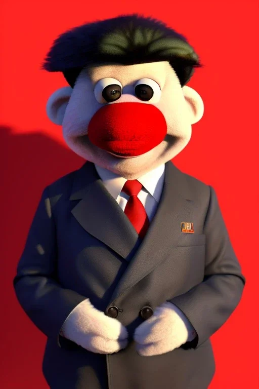 Waist up muppet Portrait, Kim Jong-un as muppet doll, black suit, photo studio, red background, unreal engine 5, concept art, art station, god lights, ray tracing, RTX, lumen lighting, ultra detail, volumetric lighting, 3d.