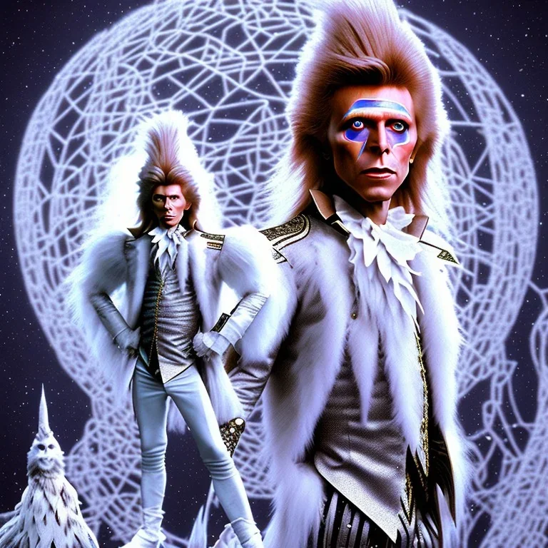 David bowie full body, white snow owl feathery fancy 1700's time period clothes, Jim Henson's The Labyrinth, Jareth the goblin king, crystal balls in hand, wearing spandex grey leggings, huge crotch bulge, labyrinth illusion, floating broken stairs in background, floating broken earth in background, anatomically correct, 8k hyper realistic, 80s aesthetics,