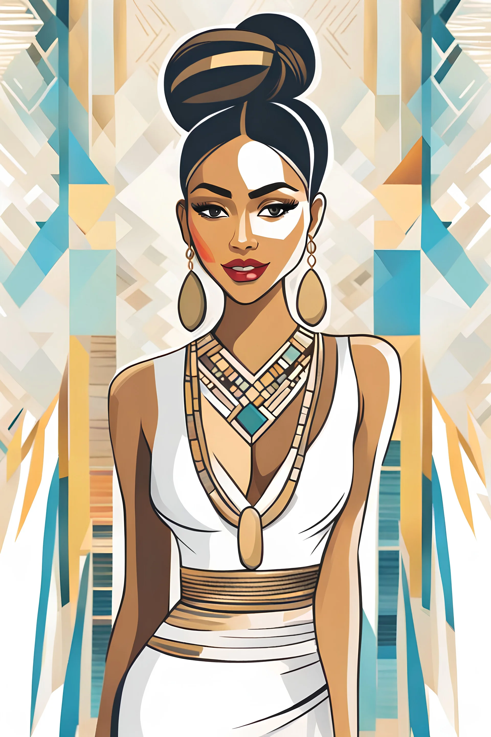 Full color hand drawn sketch, cubism style, grainy, use shadows and shading, visible pencil strokes, an Indonesian woman with striking eyes, white tribal dress, low cut top, native necklaces, visible skin texture, slim and pale tanned-skinned native Indonesian woman, hair in a bun, Bokeh background, golden ratio. Supermodel beautiful and smiling, facing the camera