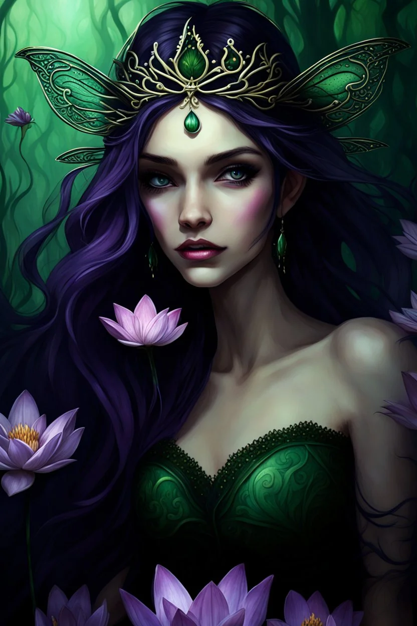 Dark green hair Water lilies long hair lotus night Fairy princess rapunzel hair queen crown dragonflies fireflies elven tiara flowers fairy wings gothic purple