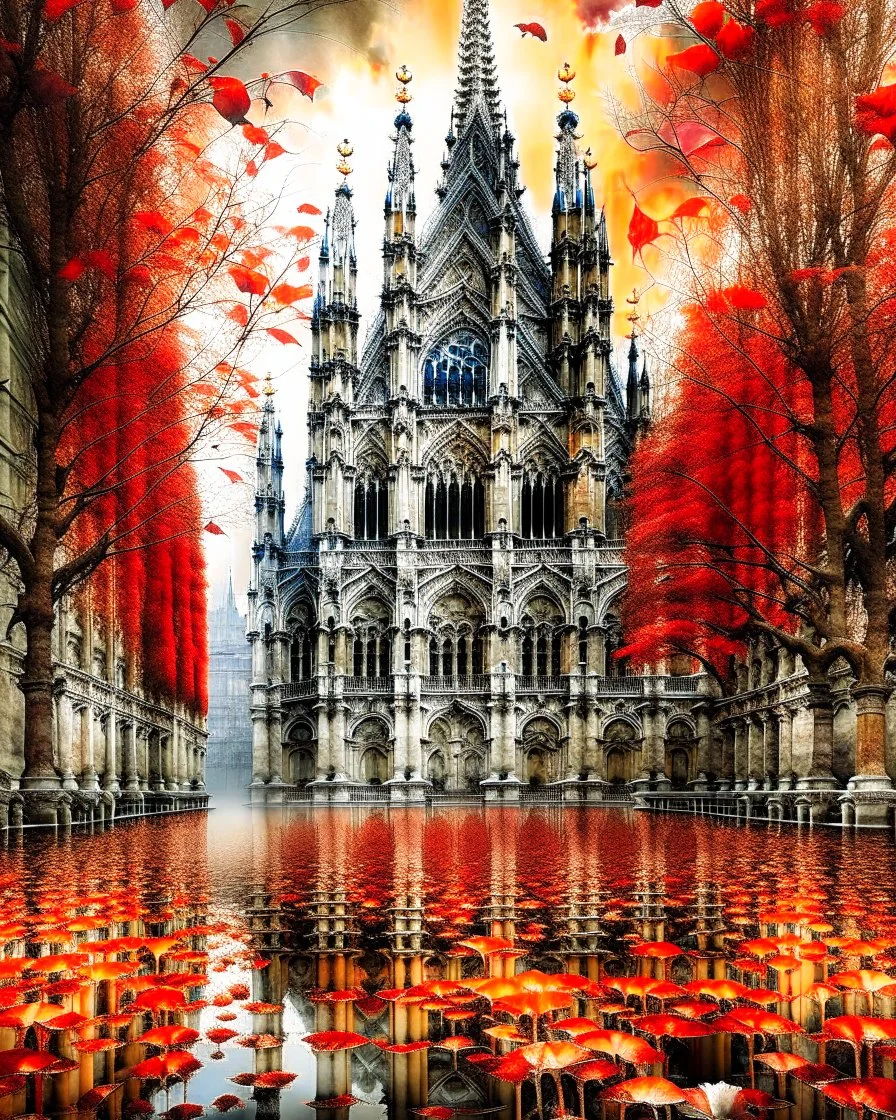 Milan Cathedral. Amanda Clark, Zdzisław Beksiński, Jacek Yerka and Yossi Kotler style mix, surreal whimsical autumn landscape, watercolor- fall foliage is almost over. A beautiful red maple clings to the last of its leaves and a flock of small birds nestled on its branches, watercolour and ink illustration, wet-on-wet, loose water effects, white, red and golden paint splatter, voronoi pattern, richly textured, fluffy clouds, beautiful vibrant colors, opalescent gradient. Modifiers: intricate bea