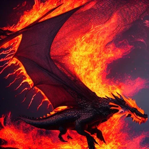 dragon flying with black, opaque scales, volumetric lighting, photo realistic, dark fantasy, dramatic, ferocious, spitting red hot fire out of it's mouth over the ocean with a erupting volcano that is leaking