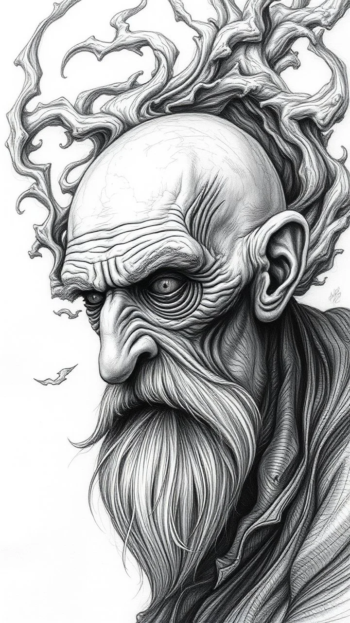 ππ§π€π’π₯π© highly detailed graphite illustration, A surreal old man figure with exaggerated anatomical features, heavily wrinkled skin, and an intense, contemplative expression. bald head, thick eyebrows, long beard merge into swirling abstract shape. Mysterious, introspective, dreamlike, somewhat dark fantasy. #ππ§πart #prompt